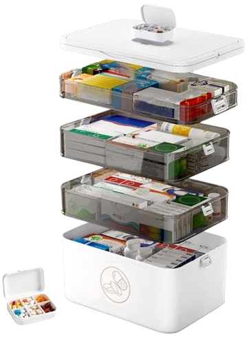 Caossuixin 4 Etagen Medikamenten Aufbewahrung, 30X16X27cm Medizinbox mit Tragbarer Griff, Multifunktions Medikamenten Organizer, Hausapotheke Box, Medikamentenbox Groß, Aufbewahrungsbox Weiß