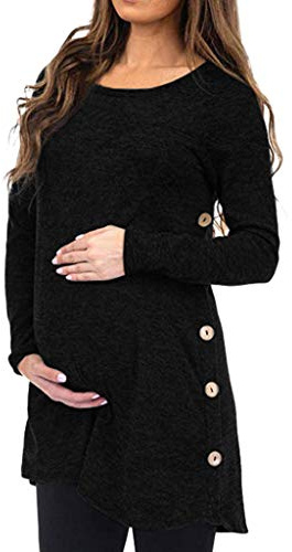 2025 Nouvelles Femmes Maternité Grossesse Manches Longues Solid Tops Blouse Bouton Hiver, Noir , S