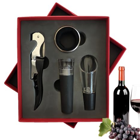 Juego de abridores de vino - sacacorchos de acero inoxidable de 6 pulgadas | Kit de abierro de botellas de ABS: tapón de vacío, anillo de vino y dispositivo de vertido para cocina, bar, restaurante, f
