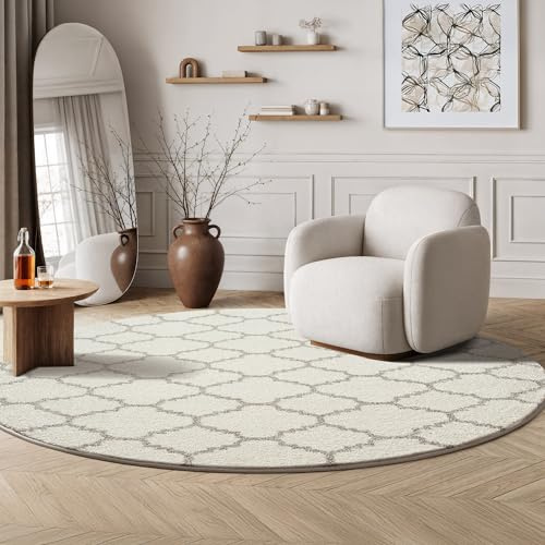 SANAT Boho Teppich – Moderner Teppich im Boho Stil, Geeignet für Wohnzimmer, Schlafzimmer, Flur, Esszimmer und Kinderzimmer – Skandi Creme, Größe: 120 cm Rund