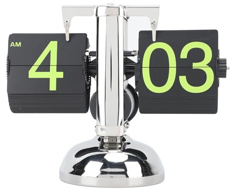 OEBUAFI Digital Flip Down Clock, Retro Flip Desk Clock Mechanical Vintage Auto with Internal Gear Operated 304 Stainless Steel for Home Livingroom (Stainless Steel Green Number)