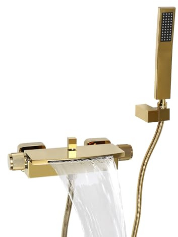 MIUKYUI Wandmontage Badewannen Armatur Set in Matt Schwarz Gold oder Weiß mit Wasserfall Auslauf und verstellbarer Handbrause - Die praktische Armatur für modernes Badezimmer Design (Gold)