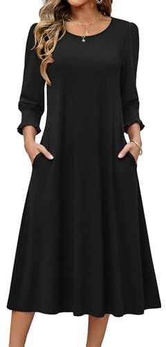 Zeagoo Black Dresses for Women 2026 Summer 3/4 Sleeve Dress with Pockets Midi Dresses for Women A Line Sun Dress Black S