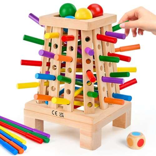 Wooden Montessori Board Game for Kids 4-6, Classic Pyramid Ball Drop Dice Game, Educational Learning Toy Fine Motor Skills Toy for 3 4 5 6 Years Old, Perfect Family Game Night Gifts for Boys Girls