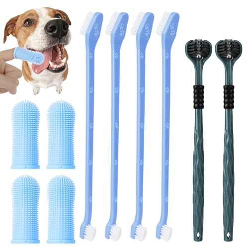 HOTUT 10PCS Cepillos De Dientes Para Mascotas,Limpieza De Dientes De Mascotas De 360º Con Cepillos De Dientes De Doble y Triple Cabezal,Cepillo De Bucal De Dedo,Kit De Limpieza Bucal Para Animales