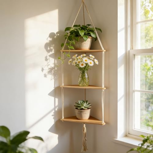 Timasser Wandregal Holz Boho wanddeko Holz Wand Deko Kinderzimmer Wand Regale Klein Pflanzregal für Schlafzimmer Wohnzimmer Pflanzen und dekorative Aufbewahrung mit Einfachem Einsetzen (D)