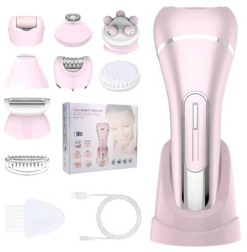 Depiladora 7 en 1 para mujer, afeitadora para mujer, depiladora facial para mujeres con LED, recortadora de bikini, afeitadora íntima para mujer, IPX7 impermeable, afeitadora húmeda y seca (rosa)