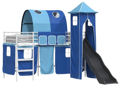 KKgypkn Moderno letto a soppalco con scivolo, tenda e torre in bianco e blu, 90 x 190 cm, robusto telaio in metallo con rete a doghe e struttura per arrampicata per divertirsi