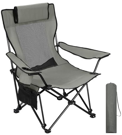 WOLTU Campingstuhl Faltbar, mit Getränkehalter und Seitentasche | Angelstuhl mit Abnehmbarer Kopfstütze, bis 150 kg Belastbar, für Angeln Picknick und Garten, Grau