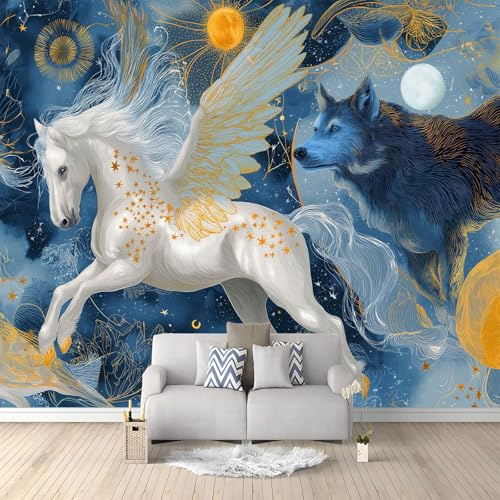 Fotomural de Pared Fantasía Criatura Mítica Caballo Misterioso Azul Marino 250 x 175 cm, Papel Pintado Mural (TNT) para Decoración de Interiores, Salones y Dormitorios