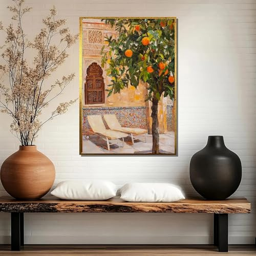 Marockansk väggkonsttryck med apelsinträd, vardagsrumsinredning (70x100 cm/utan ram)