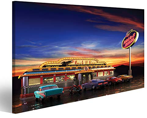 islandburner Bild Bilder auf Leinwand Retro American Diner in der Abenddämmerung Wandbild Poster Leinwandbild QYW