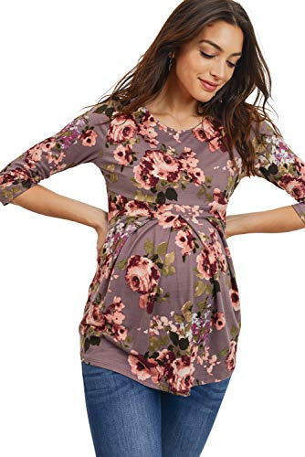 LaClef Women's Round Neck 3/4 Sleeve Front Pleat Peplum Maternity Top, Mauve Floral, Medium