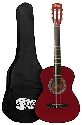 Guitare classique MA-CG08 de taille 1/2 et de couleur rouge de la marque Mad About avec étui de transport, sangle, médiator et cordes de rechange
