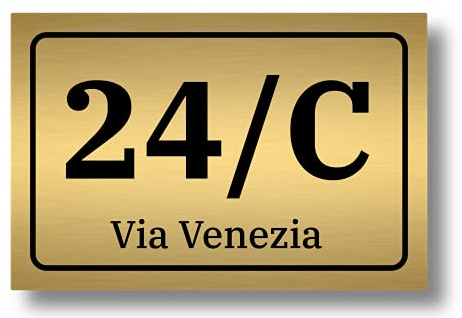 Numero civico in laminato plastico spessore 3.2 mm - Targa per esterno con incisione personalizzata - Formato rettangolare in 3 misure a scelta (Testo Nero - Sfondo Oro Spazzolato)