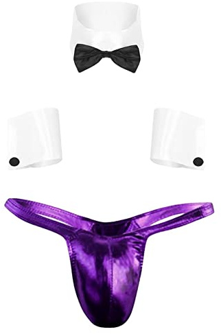 JFAN Tangas Hombre suspensorio Ropa Interior Hombre Sexy Lenceria Men's Carnival Bow Tie Cuffs Tangas Púrpura Talla única