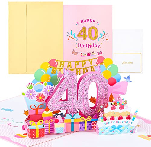 joyoldelf 40. Tarjeta de cumpleaños, tarjeta de felicitación desplegable, tarjeta de felicitación 3D, tarjeta de felicitación de cumpleaños, tarjetas de cumpleaños con sobre para mujeres, madres