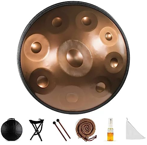 PQRJFVIE D-Moll 9/10 TöNe Harmonic Handpan Drum, Handpan-Drum-Instrument, 22 Zoll Stahl with Handpan Stand, Handpan Case, Durable Mallets and Dust-Free Cloth, FüR Klangheilung, PersöNliche Meditation