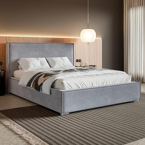 MOTIVENA Arizona Bett 200x200 Grau Samt, mit Stauraum, mit Kopfteil, mit Lattenrost, mit Füßen, ohne Matratze, Polsterbett 200x200 mit Bettkasten Grau (Hellgrau)