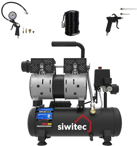 siwitec Kompressor SK-550 inkl. 5 m Druckluftschlauch, Druckluftpistole mit 2 Verlängerungstücken und Reifenfüller mit 4 Adaptern | 550 W, 6 L, max. 8 bar, 56 dB, 106 l/min Ansaugleistung | ölfrei