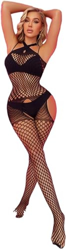 Sexy Dessous für Damen，Damen Fischnetz Bodys Dessous，Nahtlose Bodystocking catsuit Hohl Reizwäsche Strumpfhose,für Romantische Datum Tragen Reizwäsche (Schwarz)