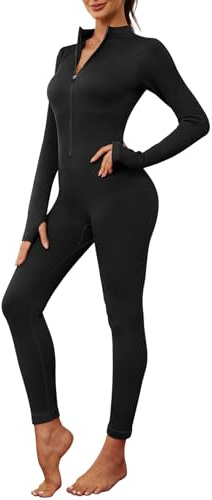 Nadeer Mono Deportivo Mujer Ajustado Jumpsuit Yoga Mono Manga Larga Cuello en V con Cremallera Ropa Deportiva Elásticos Mono de Gimnasio Acanalados Entrenamiento Fitness