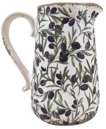 Pichet rétro et Romantique en faïence avec Anse, Effet Vieilli et Modèle Olives de Provence, Hauteur 23 cm