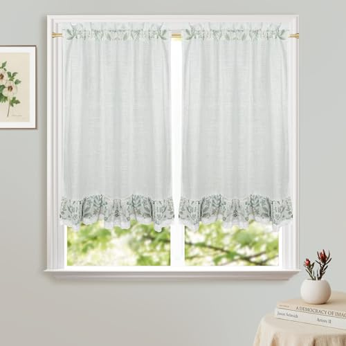 HiSnug Weiß Scheibengardinen Küche Leinen Bistrogardine für Landhausstil Gardinen Kurz Halbtransparente Küchengardinen mit bedrucktem Spitzenbesatz H60 x B65 cm - 2 Stück