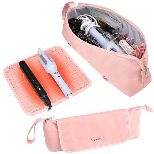 Dadanism Bolsa de Viaje para Cabello, Rosa | con Alfombrilla Resistente al Calor Desmontable, Organizador 2 en 1 para Rizador, Plancha Accesorios Esenciales de Mujer