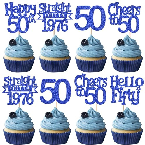 SYKYCTCY 30 Pack Straight Outta 1976 Cupcake Toppers Glitter Blue Fifty Happy 50th Birthday Cupcake Picks Cheers to 50 Years Cake Decorations for Happy 50th Birthday Anniversary Party Supplies