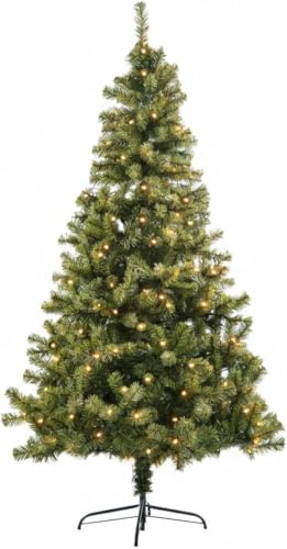 Pre-Lit 2.1m/7ft Artificial Christmas Tree Green Lincoln Pine 800 Tips - 200 Warm White LED Lights - 8 Light Modes - Traditional Realistic Natural Branches Metal Stand Festive Xmas Home Decoration