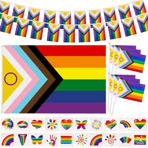 Bandera grande del orgullo para decoración de orgullo, banderines de arco iris, banderas de mano, pulseras, tatuajes de arcoíris, accesorios gay para desfile de mes LGBT, calle, bar, fiesta