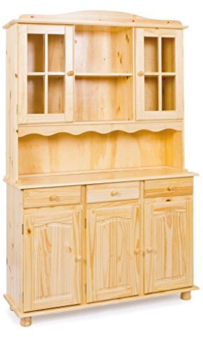 Inter Link – Vitrinenschrank - Küchenschrank - Geschirrschrank - Esszimmerschrank – Vitrine – Standvitrine - Landhausstil - Kiefer Massivholz – 3 Türig - Toscana – Natur lackiert