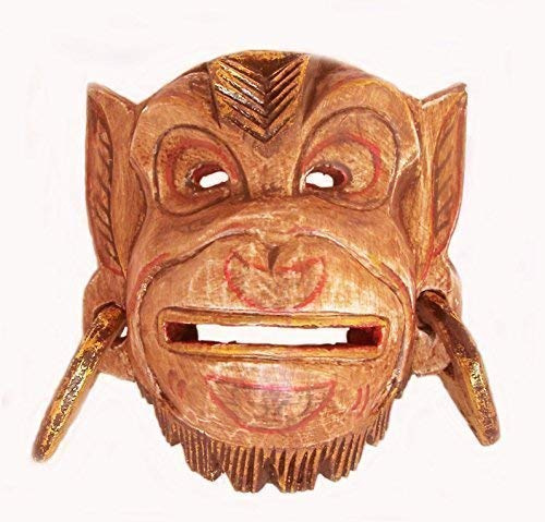 Double Duck Mono Madera Pared Máscara de Hanuman Dios Hindú Mano- Tallada en Bali Comercio Justo Nuevo - Negro, 21 cm Altura x 18 cm Ancho