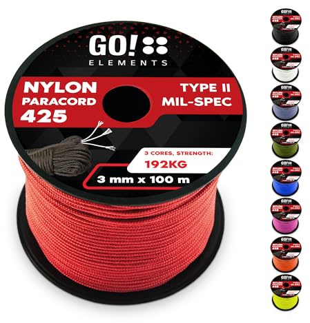 GO!elements Paracord Seil aus reißfestem Nylon - 3mm Paracord 425 Typ II max. 192kg - Schnüre als Outdoor Seil, Allzweckseil, Survival Seil, Armband, Hundeleine, Nylonschnur