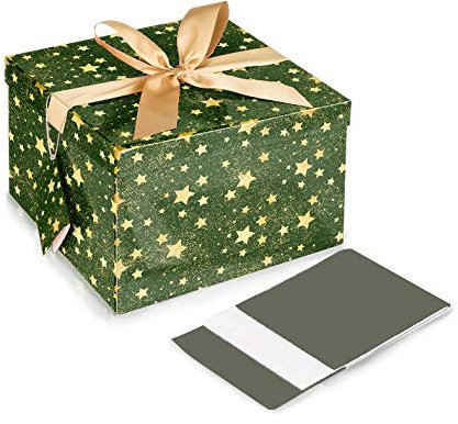 Geschenkbox gefaltet grün tannenbgrün Sterne glänzend XL inkl. Schleife und Anhänger und Seidenpapier 26 x 26 x 15 cm
