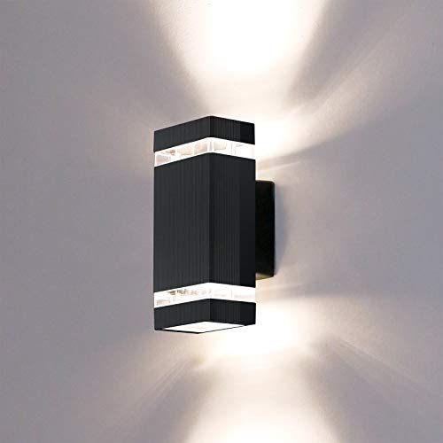 HLFVLITE Outdoor Wall Light Mains Powered, Up and Down Light Outdoor, IP44 Waterproof Front Door Light, Die-Cast Aluminum Porch Light with GU10 Cold White LED Bulbs, Black