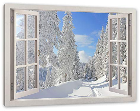 Pixxprint Winterlandschaft Bäume, Fenster, Größe: 80x60cm, Leinwandbild, fertig gespannt, Wandbild, Dekoration, Kunstdruck, kein Poster