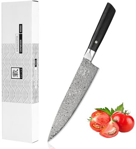 zayiko Black Edition Damastmesser Gyuto I 20 cm Klinge aus 67 Lagen VG10 Damaststahl I Ergonomischer Pakkaholzgriff I Profi Küchenmesser für Fleisch, Fisch & Gemüse I In edler Geschenkbox