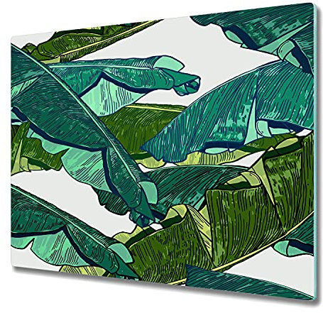 Planche de Cuisine en Verre 80x52 cm Bords Polis Résistant à la Chaleur Symétrique Pieds Antidérapants Modernité Avec Impression Décoration Contact Alimentaire - Feuilles de bananier