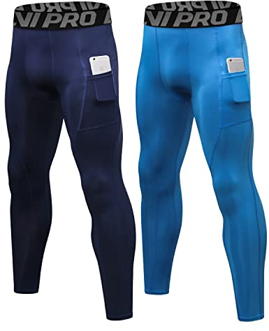 LNJLVI Sport Leggings för män Base Layers Running Fitness Kompressionsbyxor, Marinblå, L