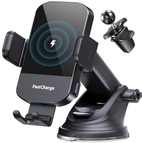 CHGeek Wireless Car Charger, 15W Fast Charging Auto Clamping Car Charger Phone Mount Phone Holder fit for iPhone 16 15 14 13 12 Pro Max 11 XR XS, Samsung Galaxy S24 Ultra S23 S22 S21, S20, S10+, Black