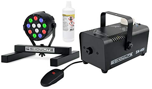 Showlite SN-400 Nebelmaschine + SPS-121 RGBW Spot + 1 l Fluid Set | Aufwärmzeit: 3 Minuten, Tankinhalt: 0, Sprühdistanz: 3, Nebelausstoß: 56 m³/min, Fluidverbrauch: 20ml/min, Leistung: 400 Watt