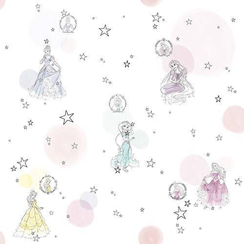 Komar Disney Vlies Tapete - Princess Pretty Pastel - 1 Rolle - Größe: 10,05 x 0,53 m - Kinderzimmer, Prinzessin, Königin, Märchen, Mädchen, Bunt