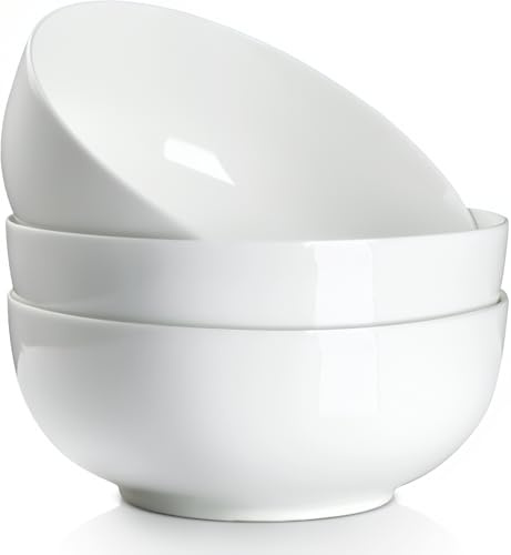 QINLANG 60 Ounces Large Soup Bowl, 8 Inches Pho Bowls, Large Ramen Bowls Set of 3, Off-White Porcelain Big Serving Bowls for Salad and Kitchen