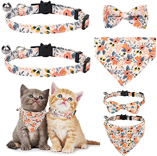 Molain Juego de collares para gatos y perros con campanas, pañuelo extraíble y pajarita, collar ajustable