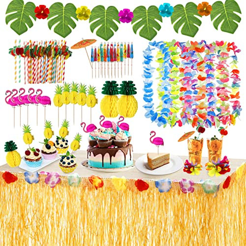 URBZUE Hawaiian Party Decor Set, Hawaiian Luau Grass Table Skirt, 12PCS Garlands, Hawaiian Flowers & Palm Leaves, Tropical Party Decor for Garden Summer, Cocktail Accessories, Beach, Bikini Party