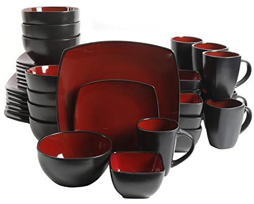 Gibson Elite Soho Lounge Square Reactive Glaze Stoneware Dinnerware Set, Service for 8 (40pc), Red/Black
