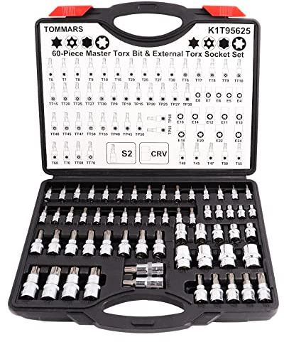 TOMMARS 60-teiliges Master-Torx-Bit-Steckschlüssel-Set und Außensteckschlüssel-Set, 1/4 Zoll, 3/8 Zoll, 1/2 Zoll Antrieb, S2-Stahl-Bits, CRV-Stecknüsse E4-E24, T6-T70, TT6-TT70, TP8-TP60