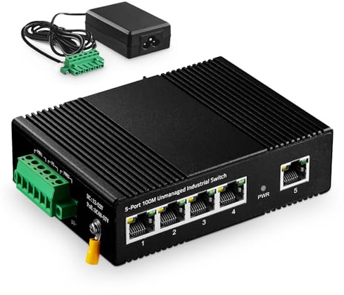 Binardat Switch Ethernet Industriel 5 Ports sur Rail DIN, 4 Ports et 1 Liaison Montante 10/100 Mbps, Montage Mural sans Ventilateur, avec Une Alimentation
